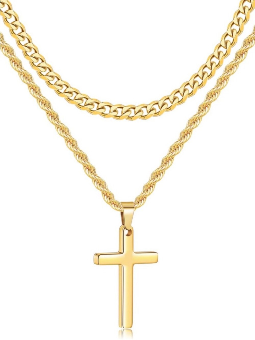 2 Pcs 24k Gold Plated Cross Necklace chain Layered Mens Cross Necklace new